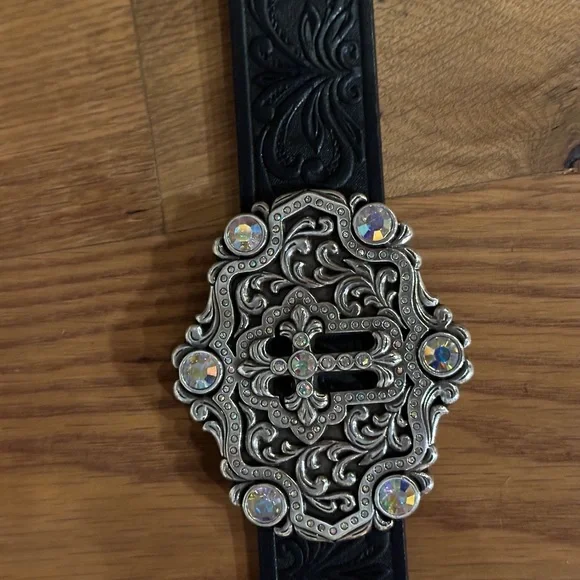Tony Lama Swarovski Crystal Concho Cross Black Tooled Leather Belt Sz. 36